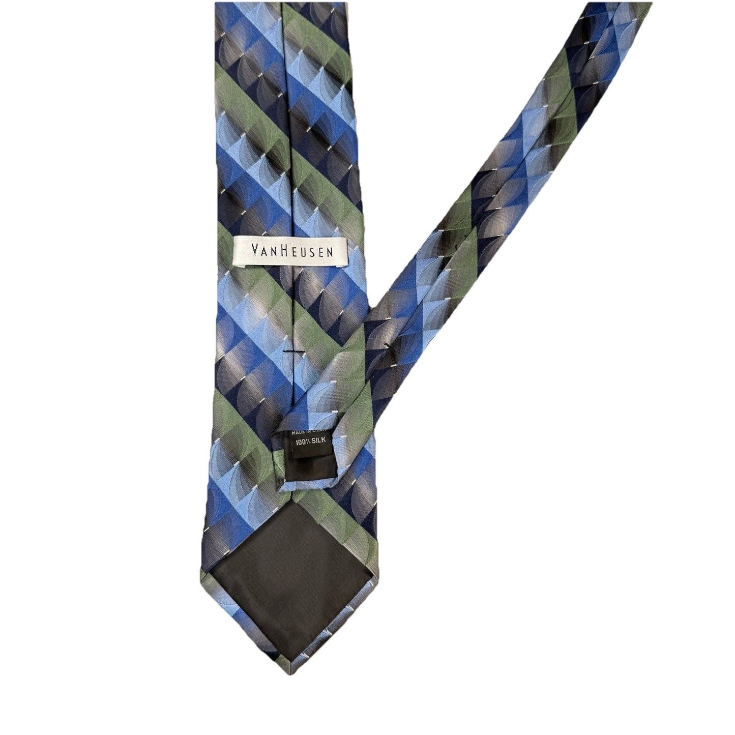 Van Heusen Men's Tie 100% Silk Geometric Blue Green Necktie EUC